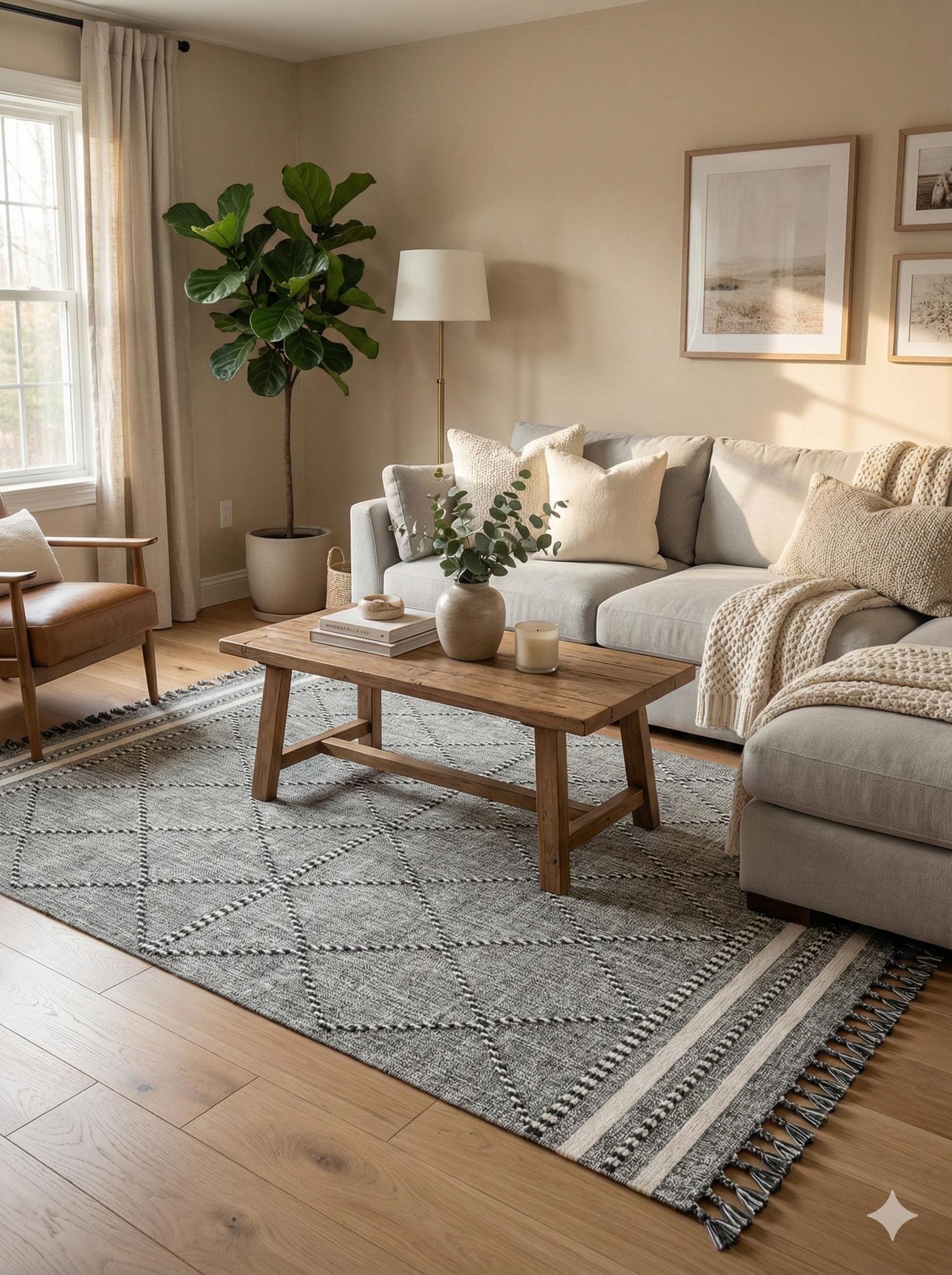 Gray Textured Geometric Carpet with Tassels, Minimalist Scandi Home Decor, Neutral Living Room Rug.