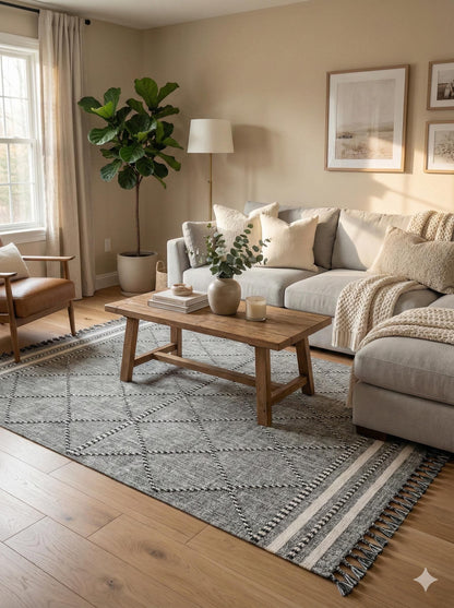 Gray Textured Geometric Carpet with Tassels, Minimalist Scandi Home Decor, Neutral Living Room Rug.