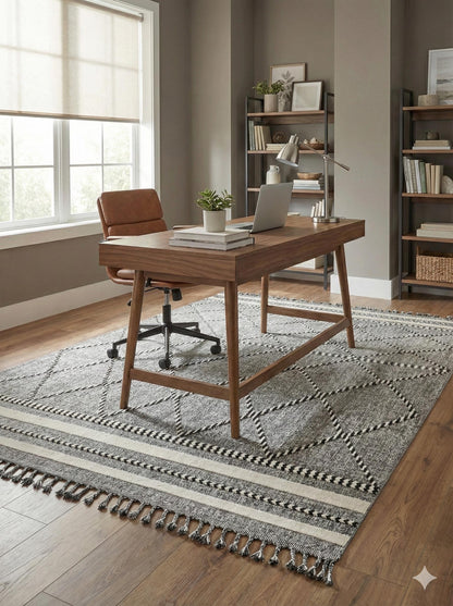 Gray Textured Geometric Carpet with Tassels, Minimalist Scandi Home Decor, Neutral Living Room Rug.