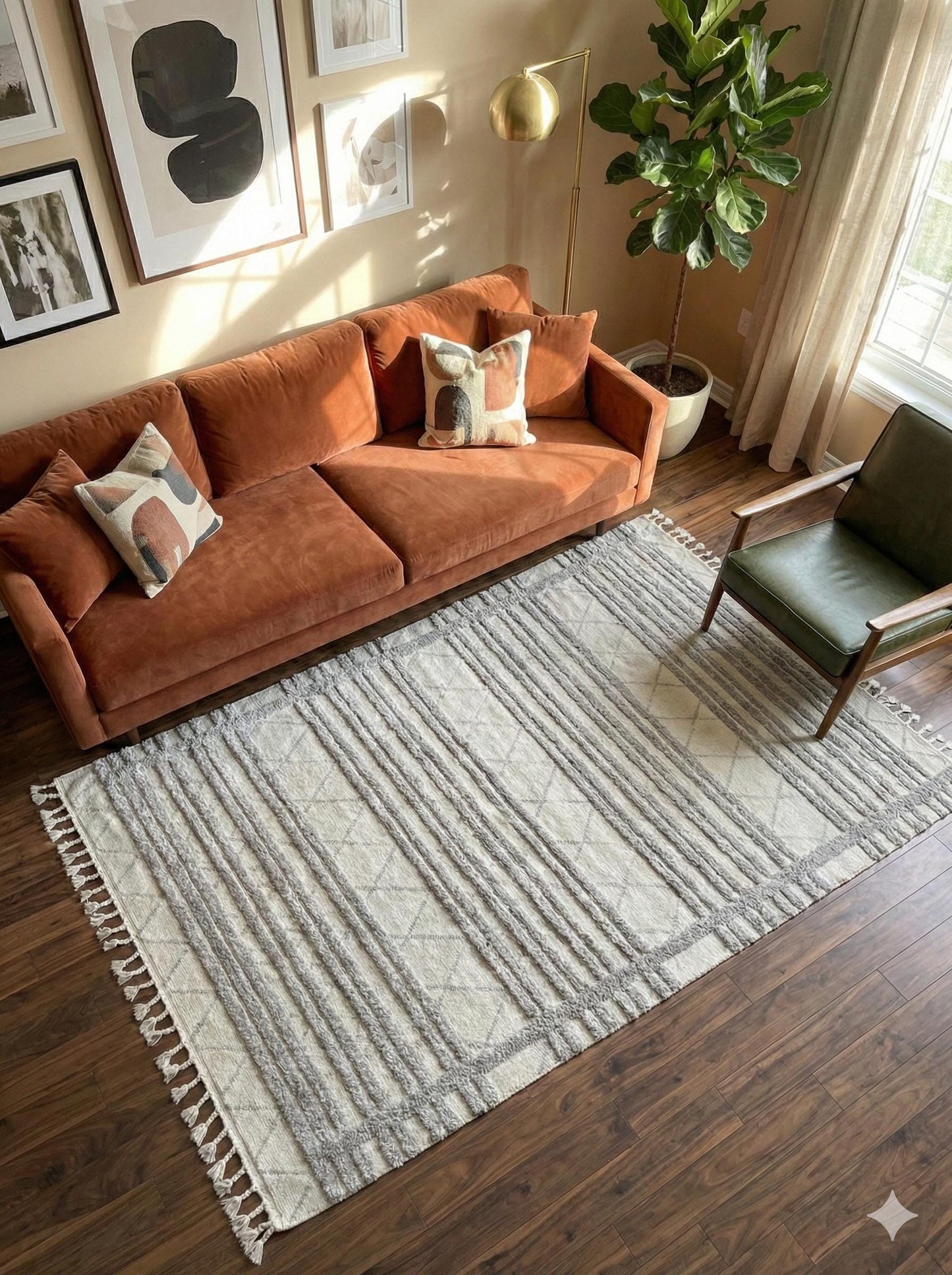 Gray Textured Geometric Carpet with Tassels, Minimalist Scandi Home Decor, Neutral Living Room Rug.