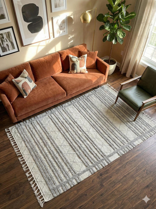 Gray Textured Geometric Carpet with Tassels, Minimalist Scandi Home Decor, Neutral Living Room Rug.