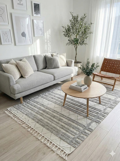 Gray Textured Geometric Carpet with Tassels, Minimalist Scandi Home Decor, Neutral Living Room Rug.