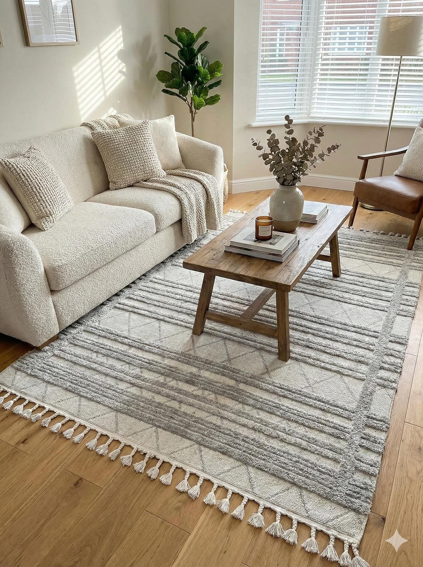 Gray Textured Geometric Carpet with Tassels, Minimalist Scandi Home Decor, Neutral Living Room Rug.