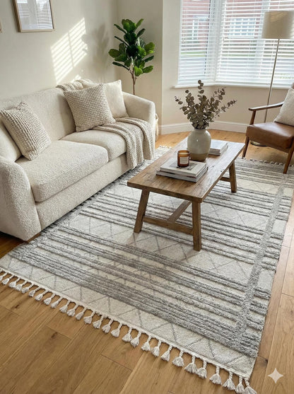 Gray Textured Geometric Carpet with Tassels, Minimalist Scandi Home Decor, Neutral Living Room Rug.