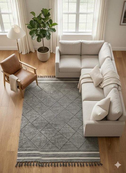 Gray Textured Geometric Carpet with Tassels, Minimalist Scandi Home Decor, Neutral Living Room Rug.