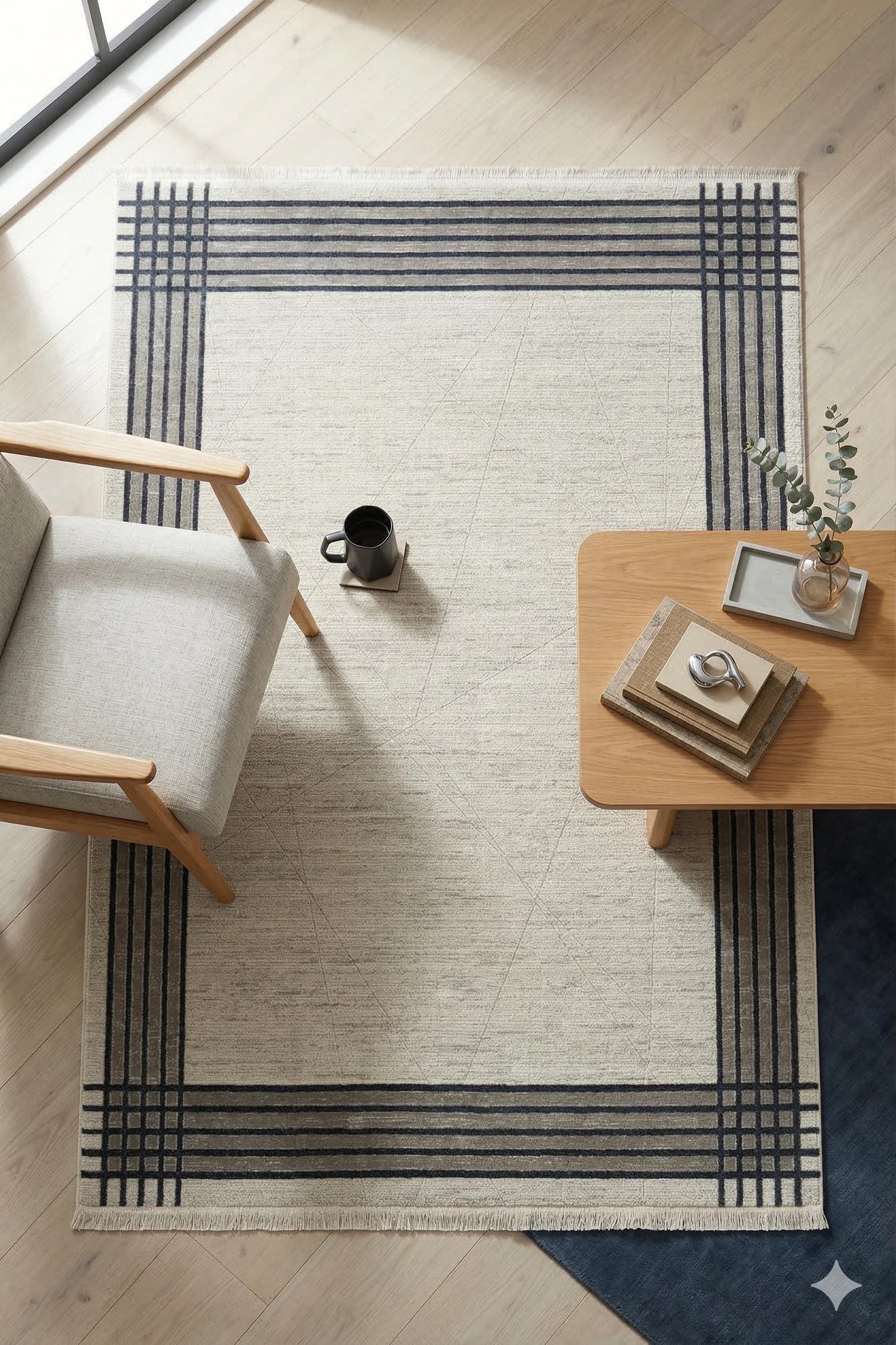 Modern Geometric Border Area Rug – Minimalist Cream & Charcoal Plaid Pattern – Scandi-Industrial Style Textured Carpet