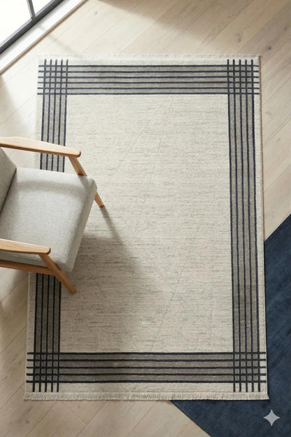 Modern Geometric Border Area Rug – Minimalist Cream & Charcoal Plaid Pattern – Scandi-Industrial Style Textured Carpet