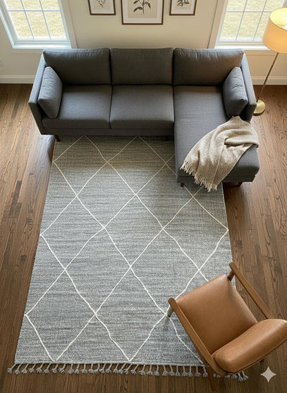 Gray Textured Geometric Carpet with Tassels, Minimalist Scandi Home Decor, Neutral Living Room Rug.