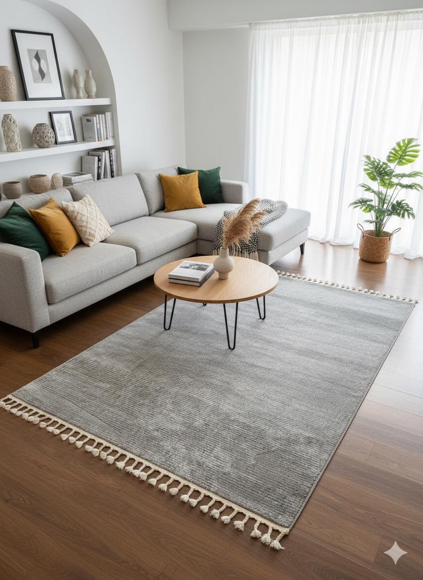 Fluffy Gray Area Rug: Modern Washable Plain shaggy rug with tossels