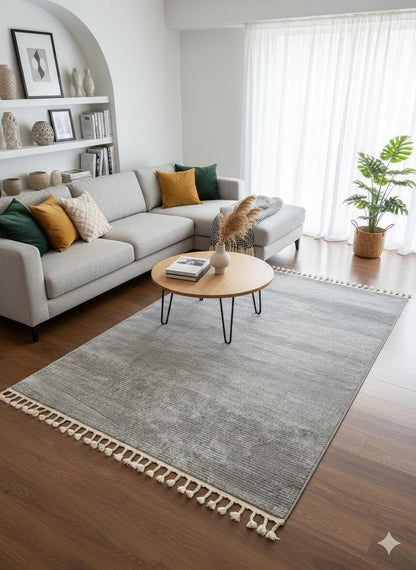 Fluffy Gray Area Rug: Modern Washable Plain shaggy rug with tossels