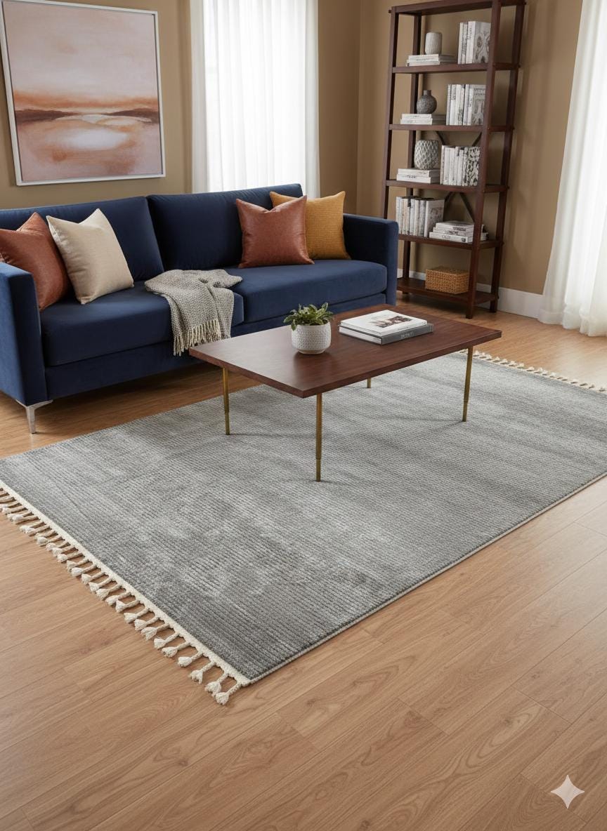 Fluffy Gray Area Rug: Modern Washable Plain shaggy rug with tossels