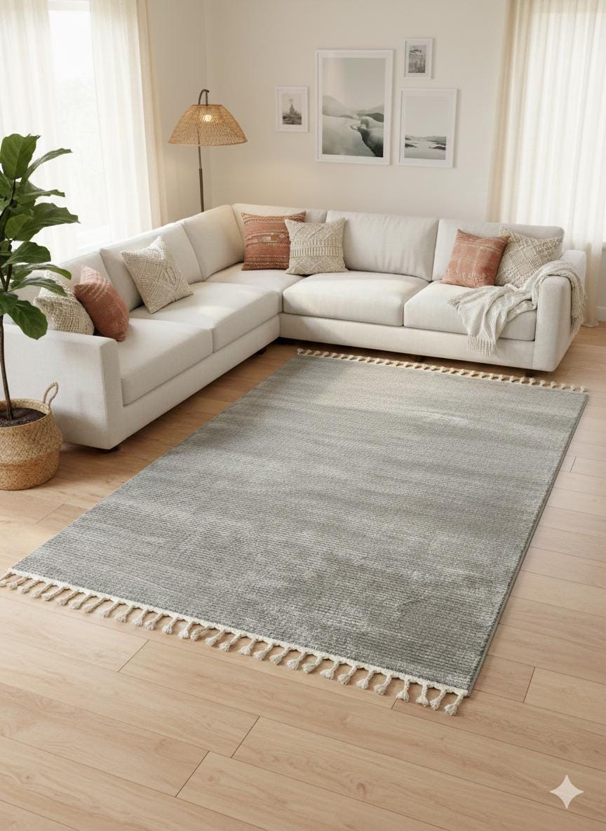 Fluffy Gray Area Rug: Modern Washable Plain shaggy rug with tossels