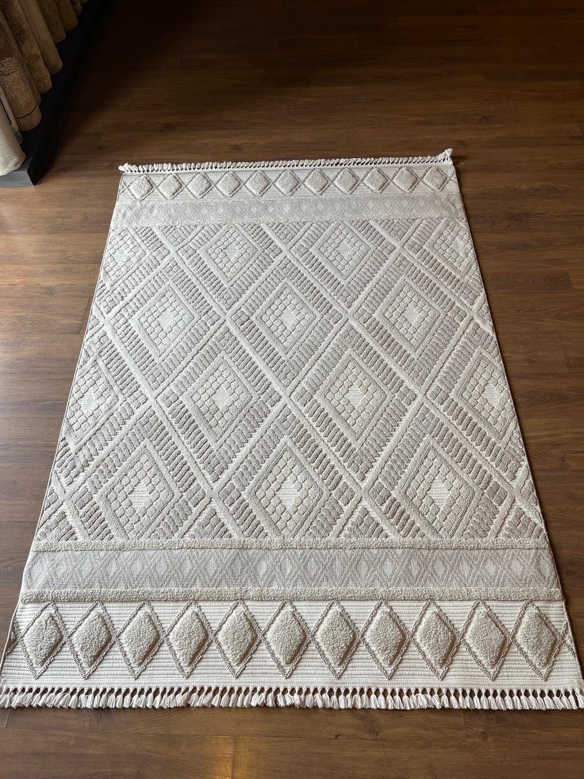 Cream Textured Geometric Carpet with Tassels, Minimalist Scandi Home Decor, Neutral Living Room Rug.