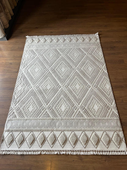 Cream Textured Geometric Carpet with Tassels, Minimalist Scandi Home Decor, Neutral Living Room Rug.