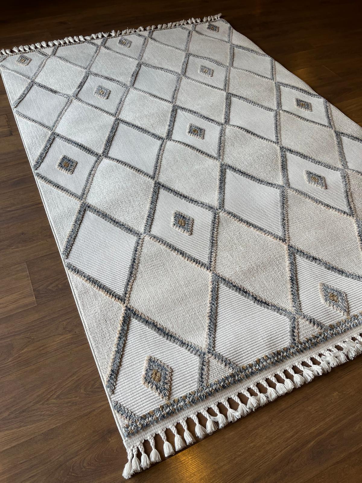Cream Textured Geometric Carpet with Tassels, Minimalist Scandi Home Decor, Neutral Living Room Rug.