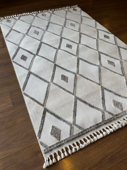 Cream Textured Geometric Carpet with Tassels, Minimalist Scandi Home Decor, Neutral Living Room Rug.