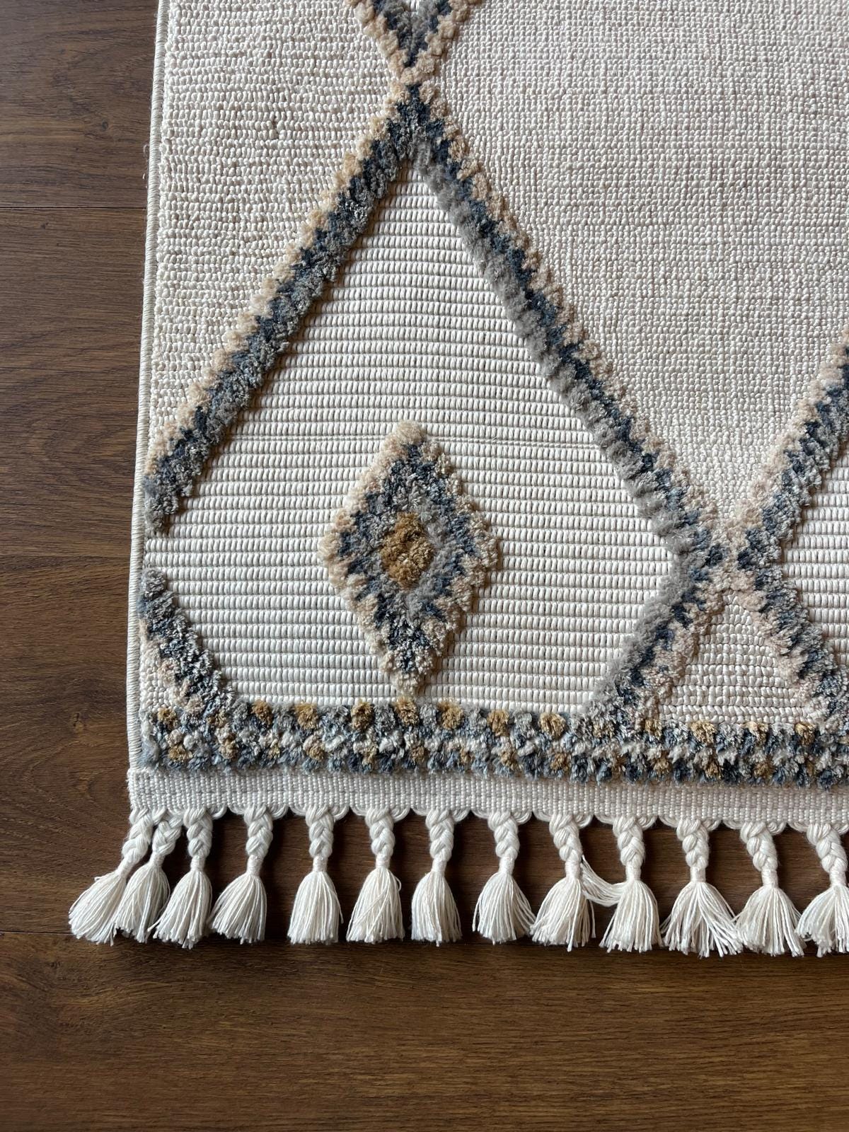 Cream Textured Geometric Carpet with Tassels, Minimalist Scandi Home Decor, Neutral Living Room Rug.