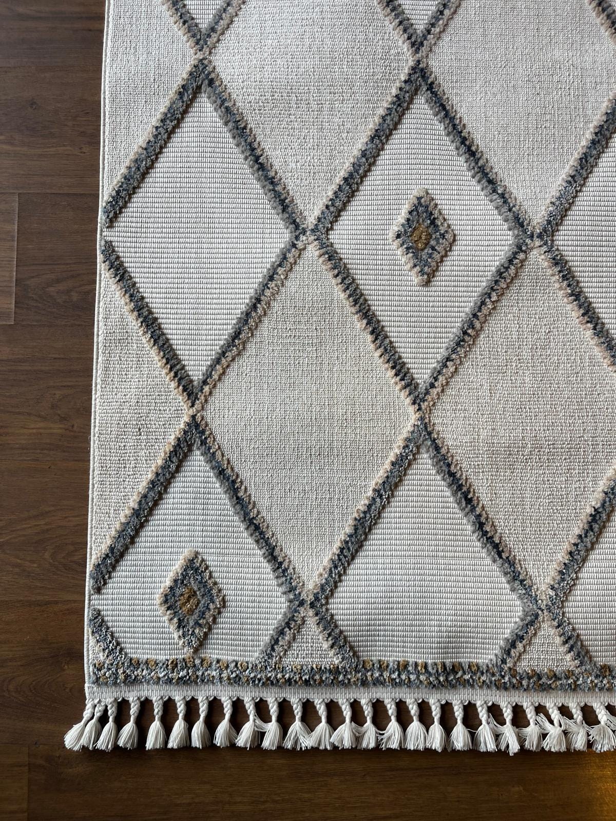 Cream Textured Geometric Carpet with Tassels, Minimalist Scandi Home Decor, Neutral Living Room Rug.