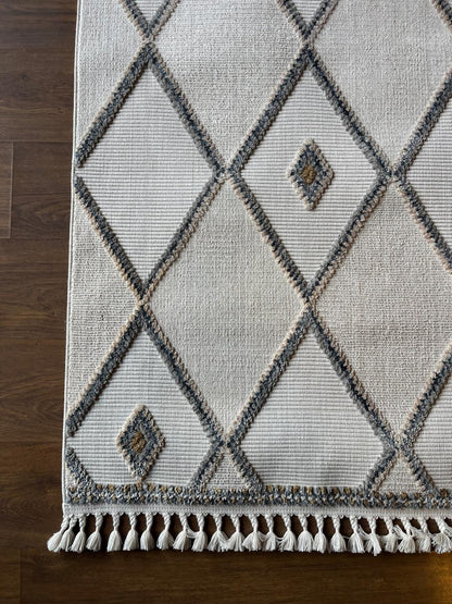 Cream Textured Geometric Carpet with Tassels, Minimalist Scandi Home Decor, Neutral Living Room Rug.