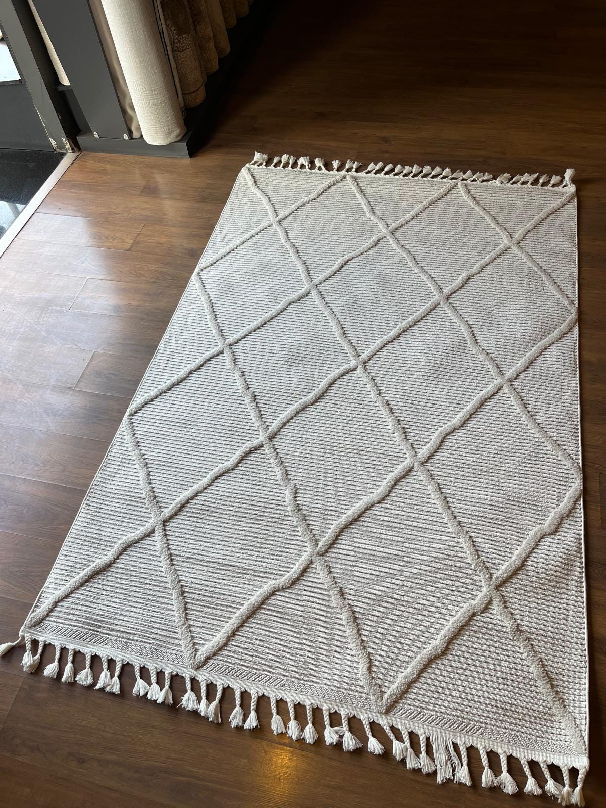 White Textured Geometric Carpet with Tassels, Minimalist Scandi Home Decor, Neutral Living Room Rug.
