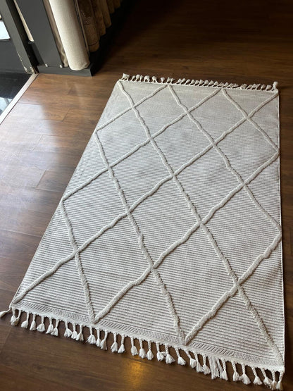 White Textured Geometric Carpet with Tassels, Minimalist Scandi Home Decor, Neutral Living Room Rug.