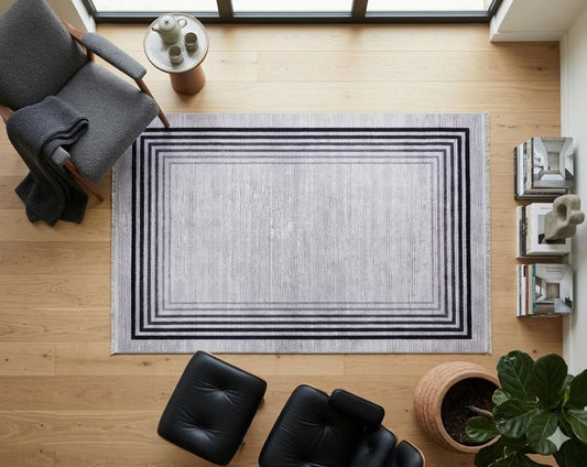 Modern Geometric Border Rug – Washable Gray Black Carpet, Thin Non-Slip Living Room Rug