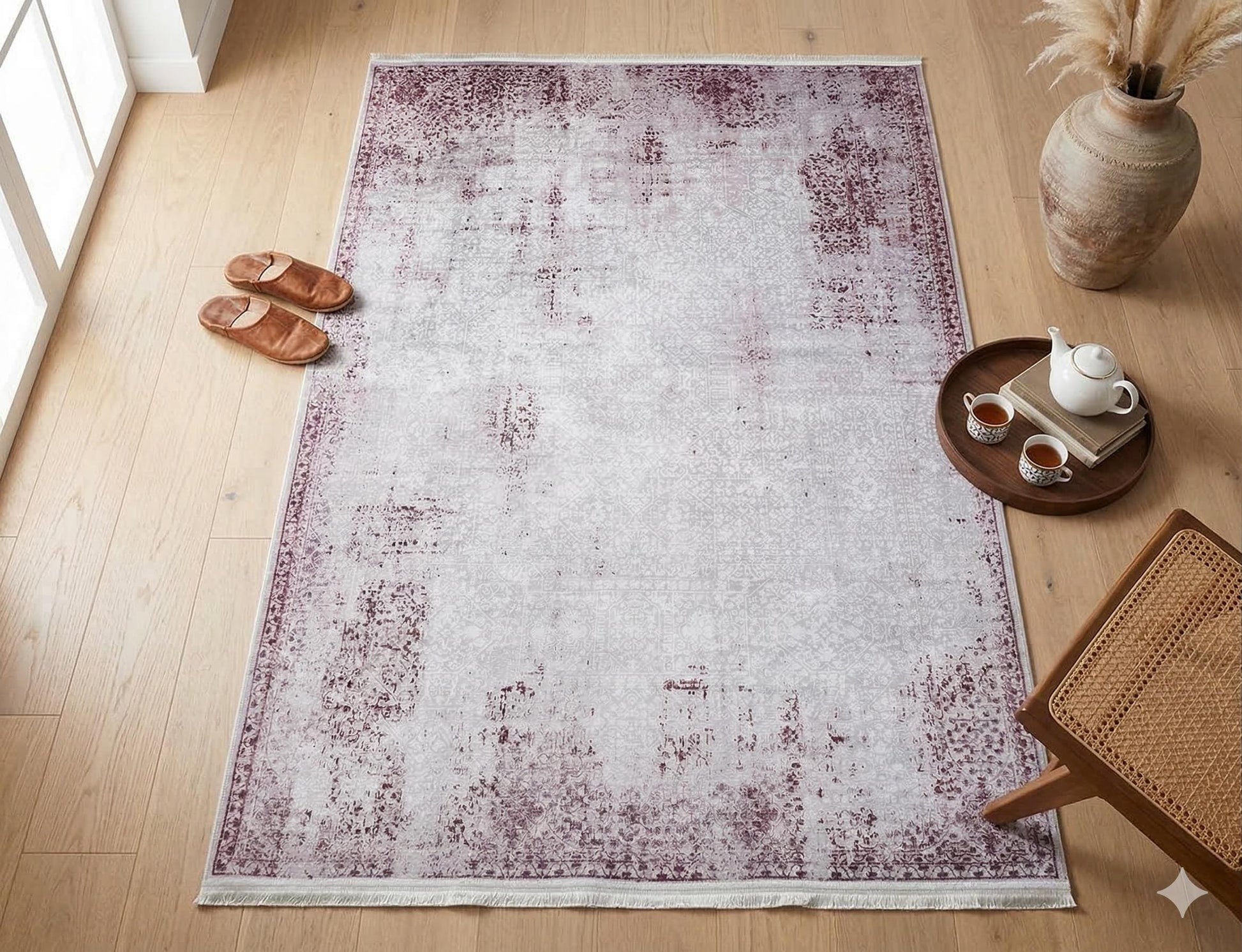 Distressed Lavender Medallion Rug – Washable, Low Pile Area Carpet (Pet-Friendly)