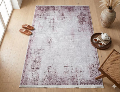 Distressed Lavender Medallion Rug – Washable, Low Pile Area Carpet (Pet-Friendly)