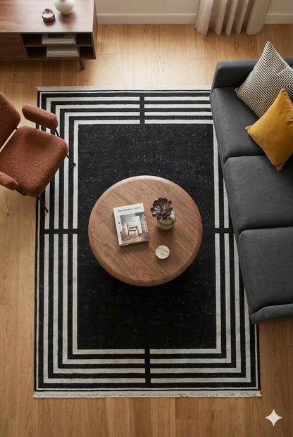 Modern Black Geometric Border Rug, Minimalist Living Room Carpet