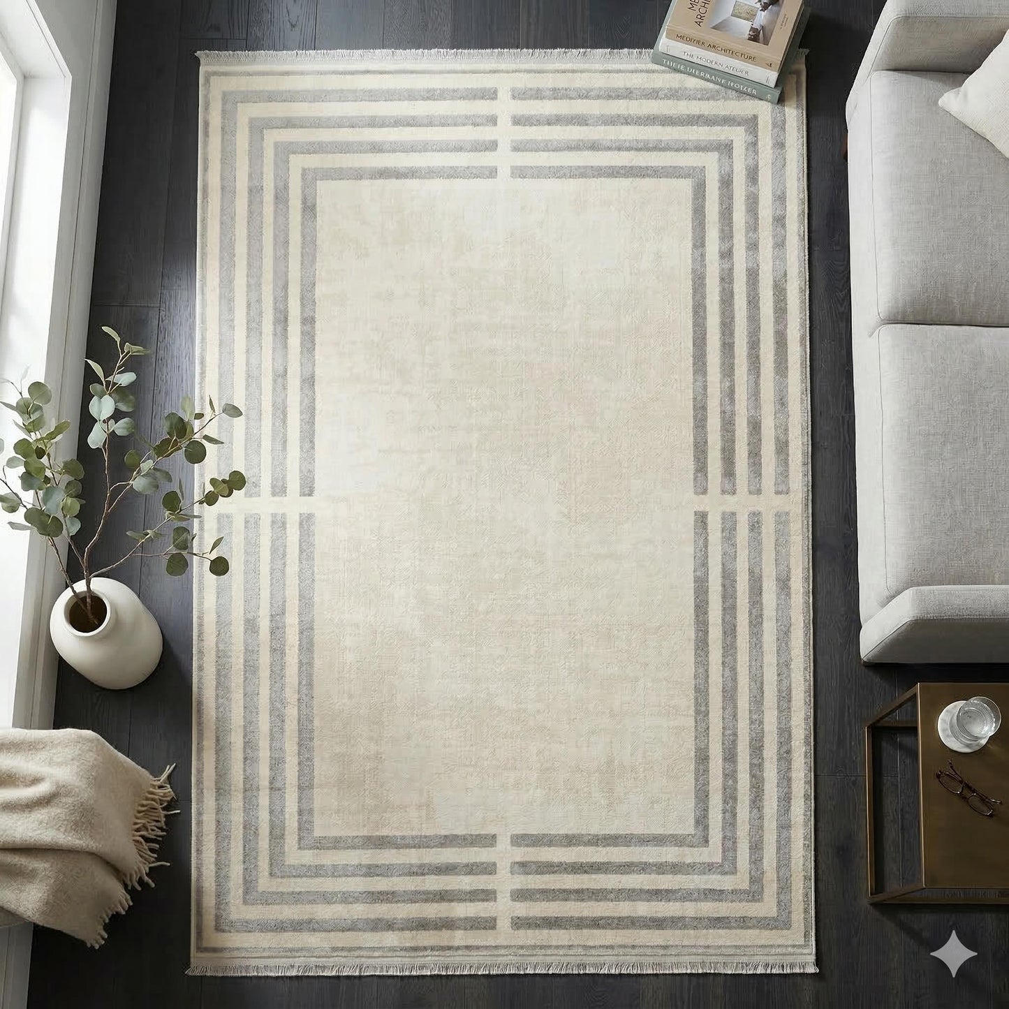 Modern Geometric Area Rug – Cream Grey Minimalist Border Design – Soft Neutral Carpet