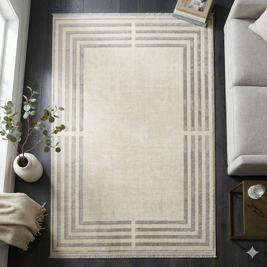 Modern Geometric Area Rug – Cream Grey Minimalist Border Design – Soft Neutral Carpet