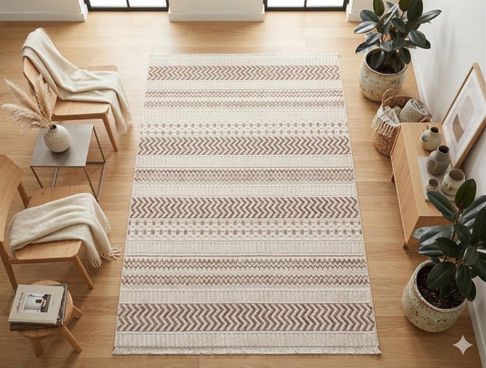 Modern Boho Geometric Area Rug – Cream Tribal Textured Wool Carpet