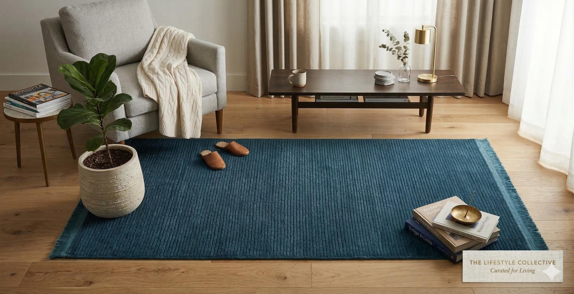 Teal Blue Ribbed Area Rug – Machine Washable, Low Pile Cotton Carpet (Boho Living Room)