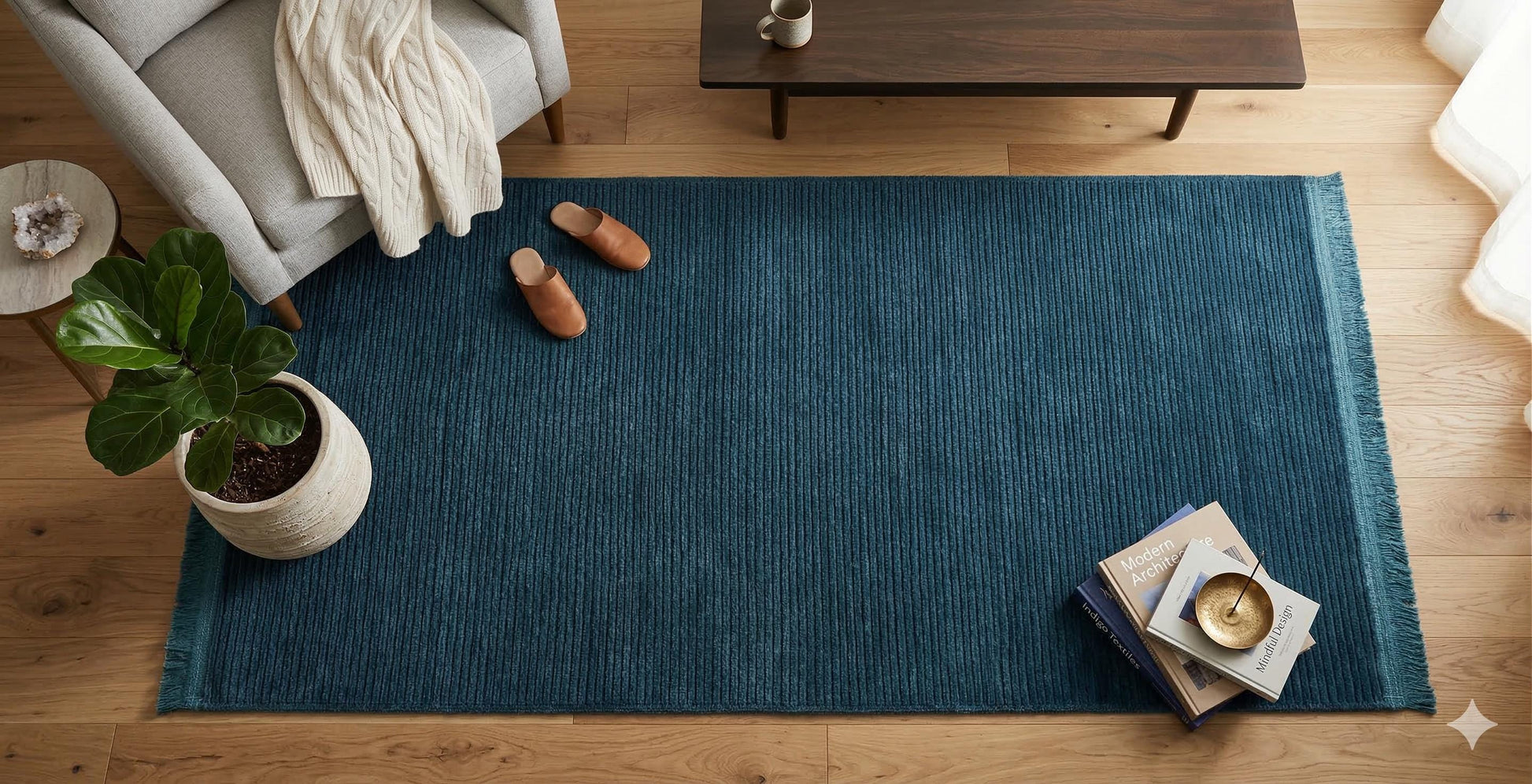 Teal Blue Ribbed Area Rug – Machine Washable, Low Pile Cotton Carpet (Boho Living Room)