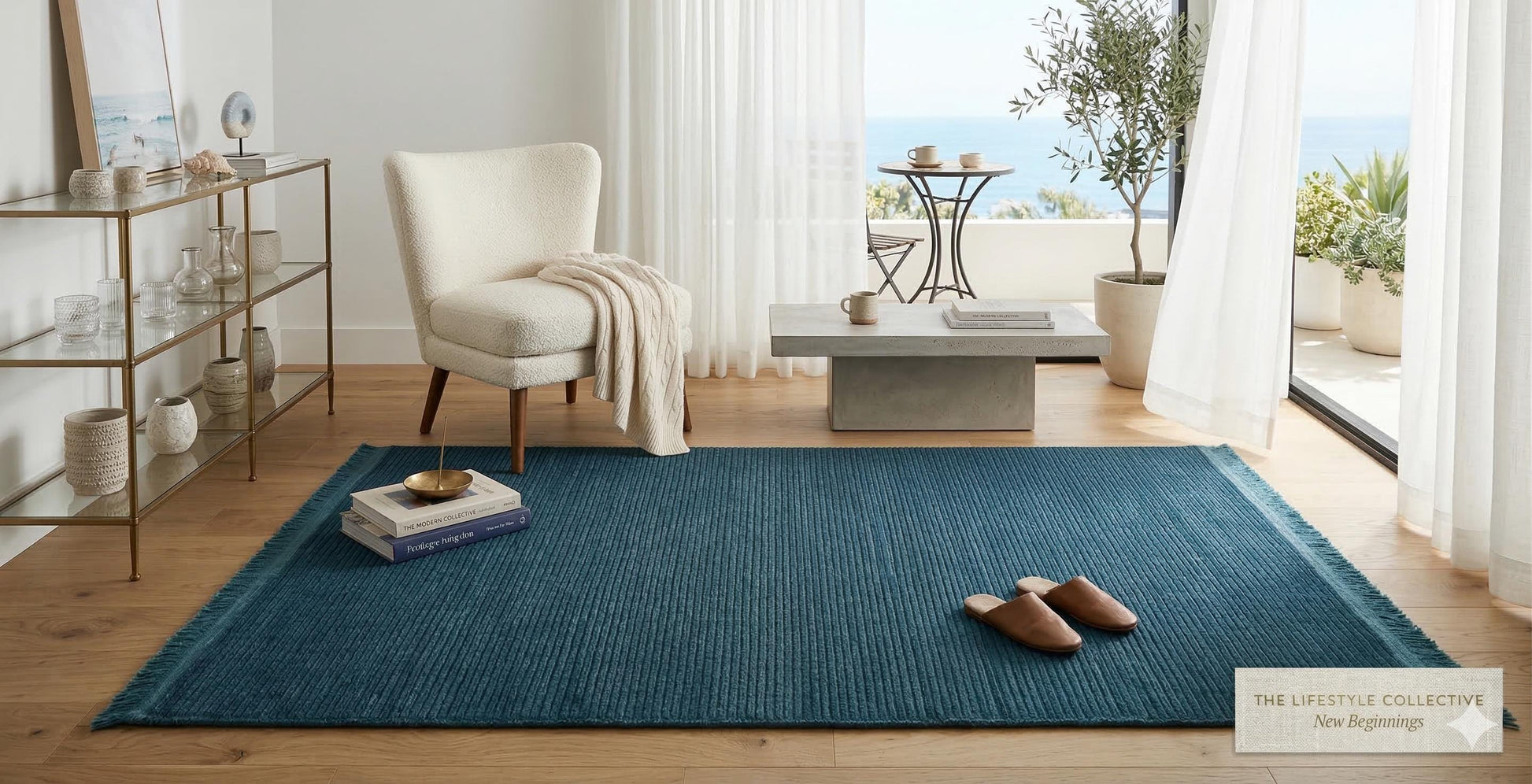 Teal Blue Ribbed Area Rug – Machine Washable, Low Pile Cotton Carpet (Boho Living Room)