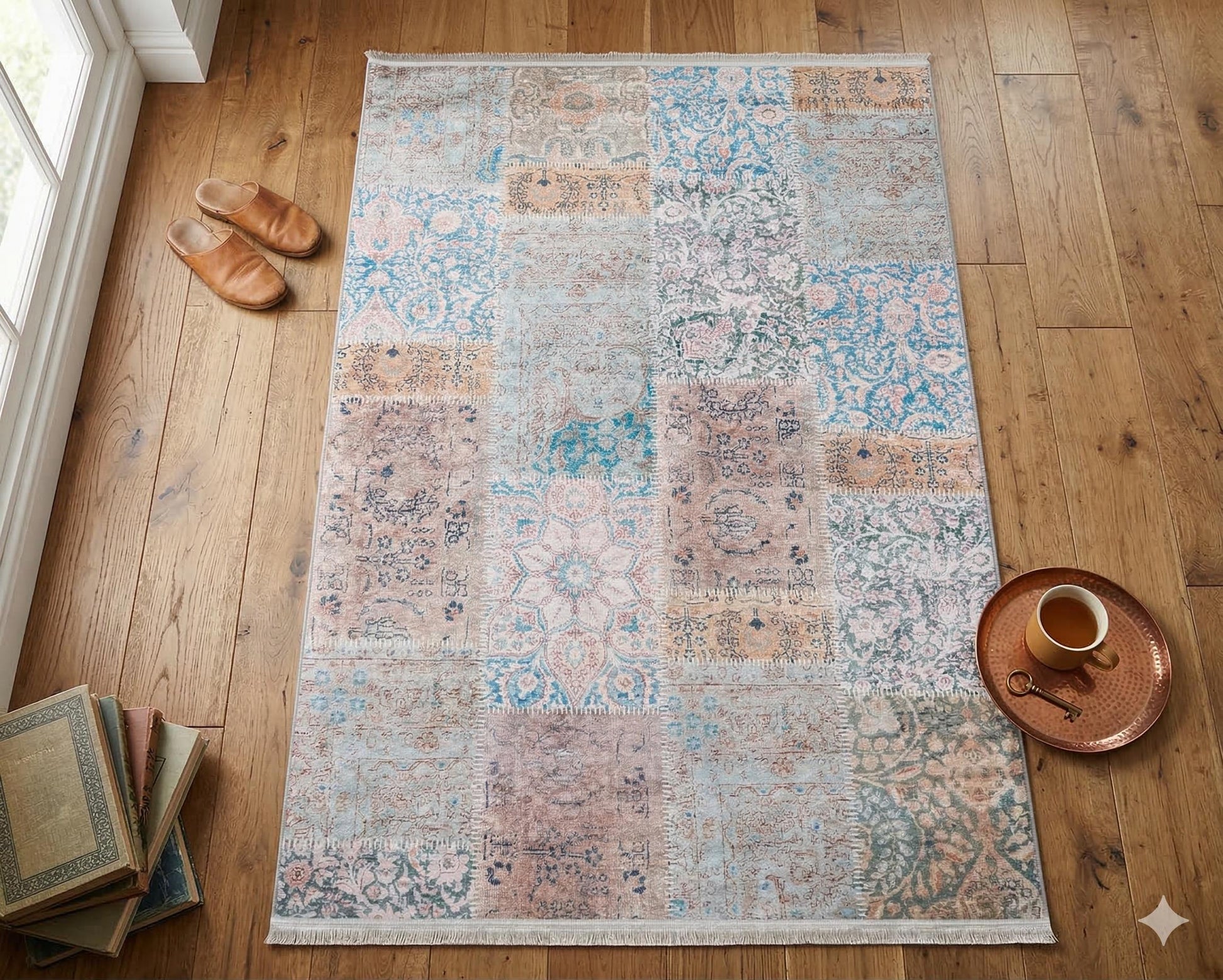 Distressed Patchwork Area Rug – Boho Persian Style, Machine Washable Carpet