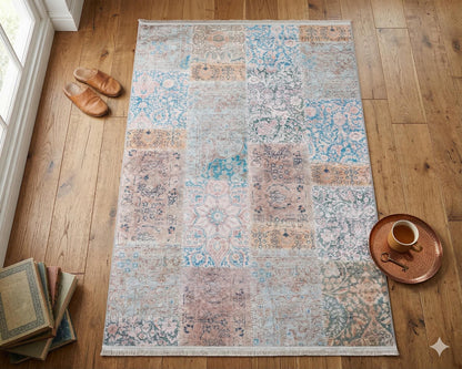 Distressed Patchwork Area Rug – Boho Persian Style, Machine Washable Carpet