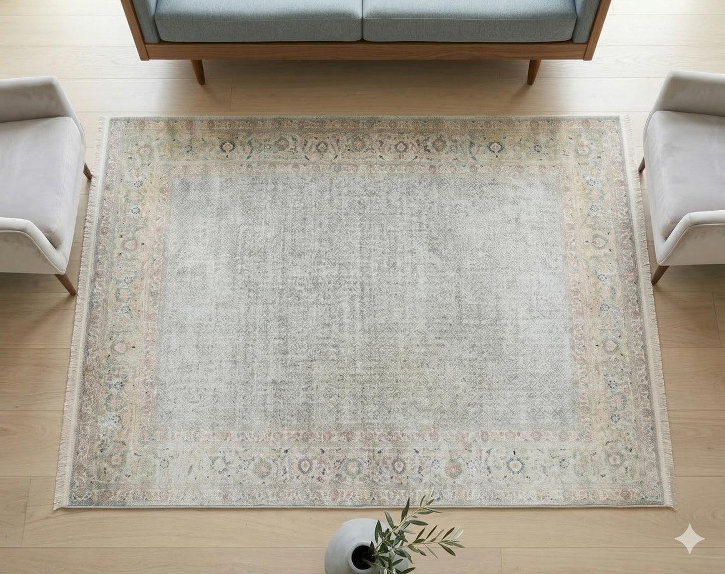 Distressed Persian Area Rug – Sage Cream Traditional Turkish Carpet, Washable Low Pile