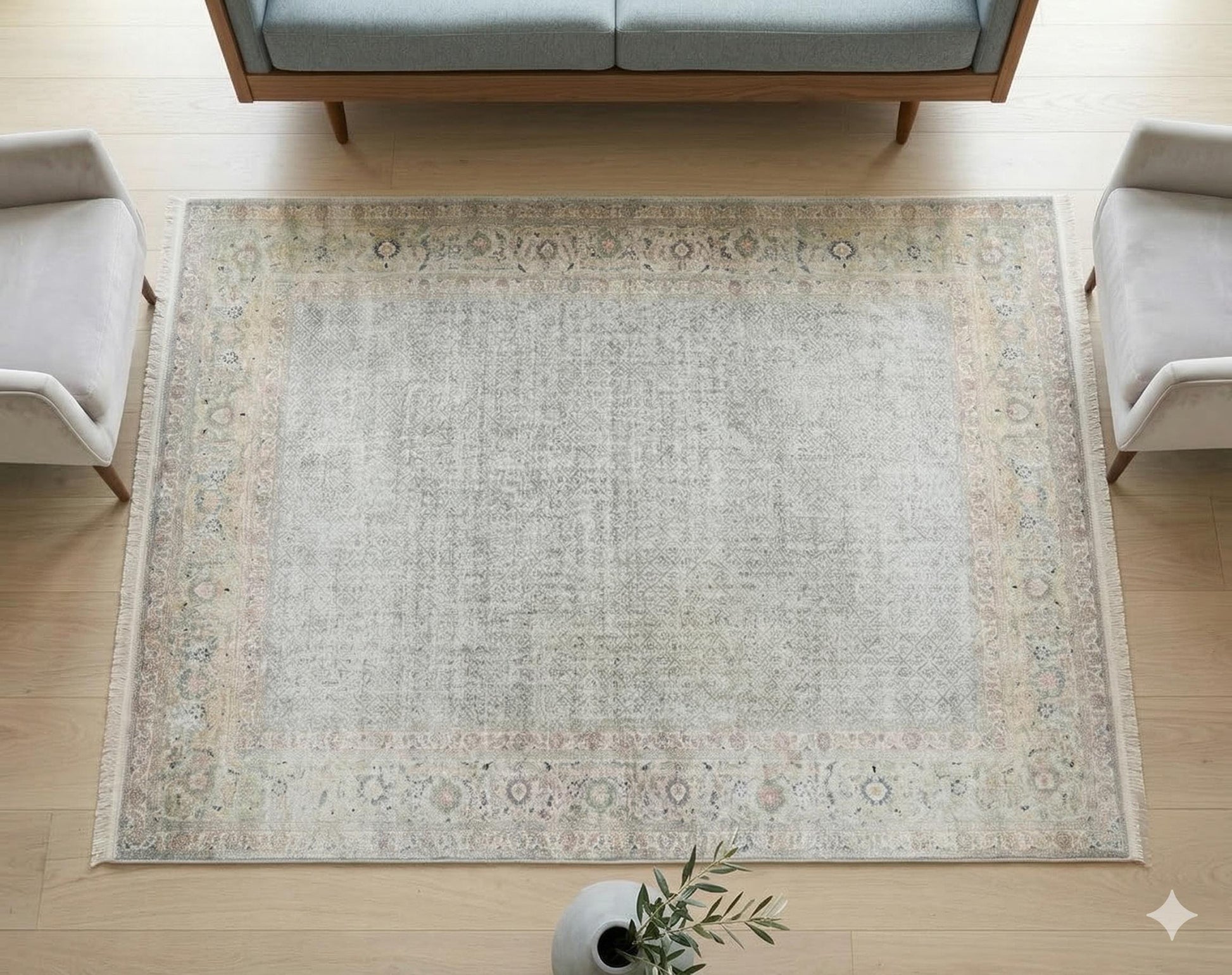 Distressed Persian Area Rug – Sage Cream Traditional Turkish Carpet, Washable Low Pile