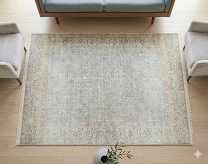 Distressed Persian Area Rug – Sage Cream Traditional Turkish Carpet, Washable Low Pile