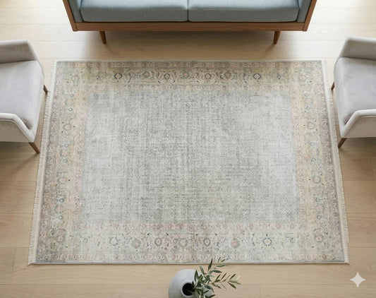 Distressed Persian Area Rug – Sage Cream Traditional Turkish Carpet, Washable Low Pile