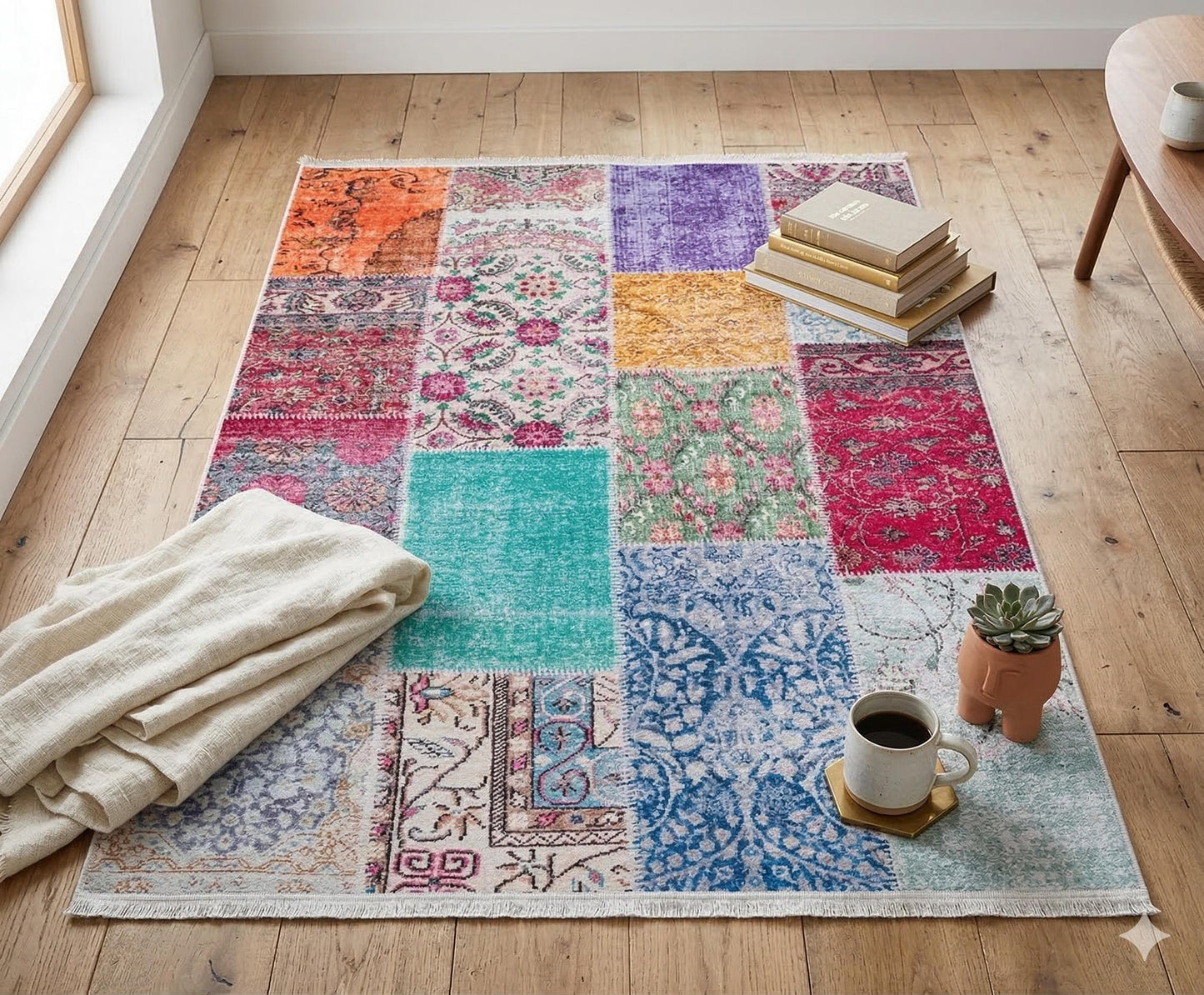 Bohemian Patchwork Rug, Distressed Persian Style Carpet, Non-Slip Medallion Floor Mat