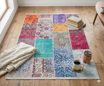 Bohemian Patchwork Rug, Distressed Persian Style Carpet, Non-Slip Medallion Floor Mat