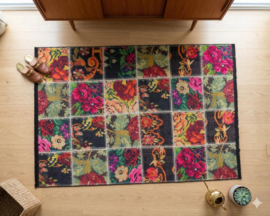 Colorful Floral Patchwork Rug – Bessarabian Rose Print, Vintage Style Carpet