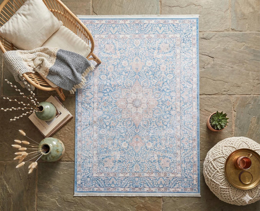 Distressed Light Blue Medallion Rug – Boho Turkish Style, Machine Washable, Non-Slip