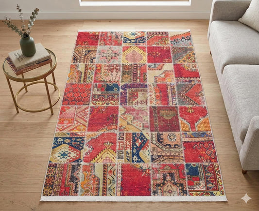 Red Boho Patchwork Area Rug – Turkish Kilim Style, Non-Slip Carpet