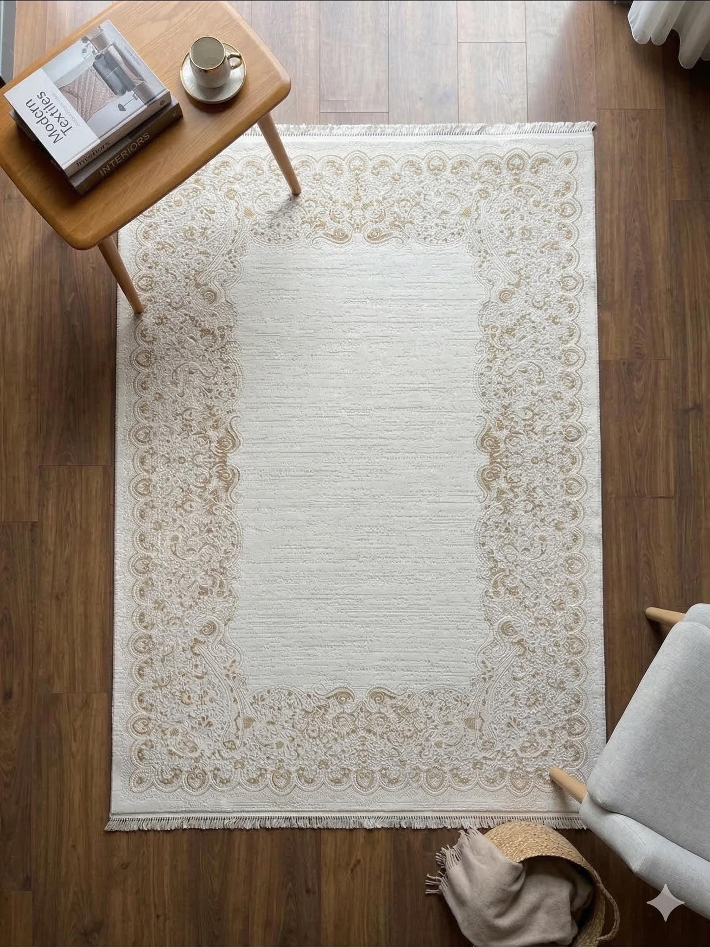 Cream Turkish Area Rug – Ornate Paisley Border, Traditional French Country Carpet