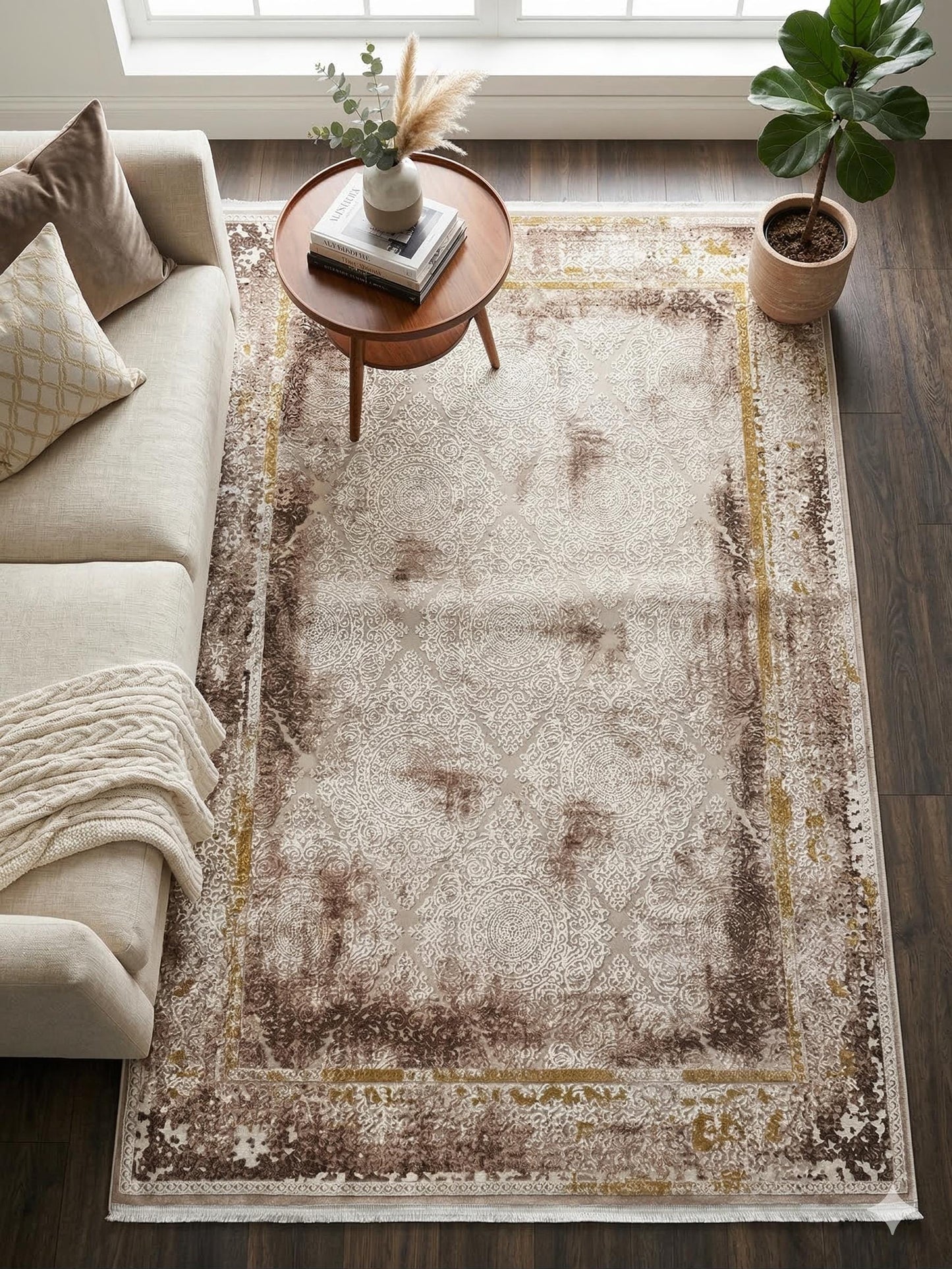 Distressed Oriental Area Rug – Beige Medallion Carpet, Turkish Boho Style