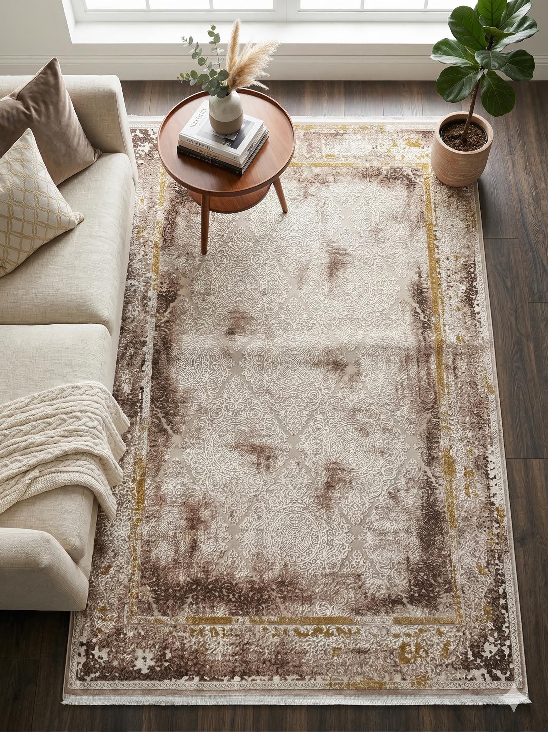 Distressed Oriental Area Rug – Beige Medallion Carpet, Turkish Boho Style