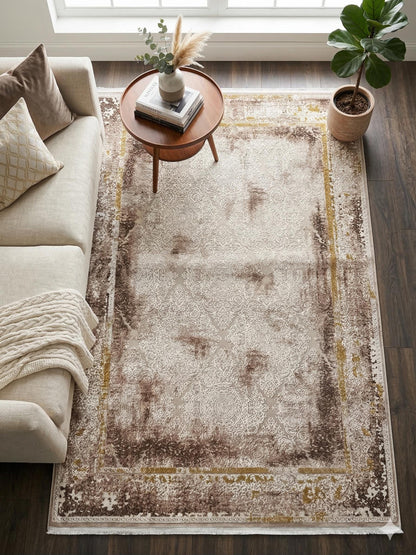 Distressed Oriental Area Rug – Beige Medallion Carpet, Turkish Boho Style